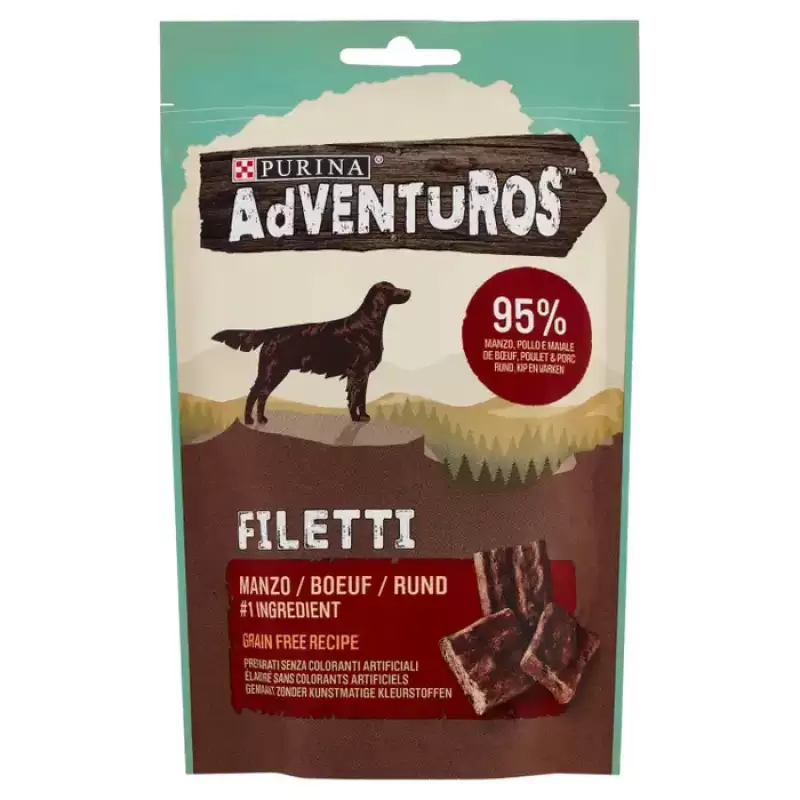 Purina Snack Adventuros File de Vita, Pui si Porc 70 g Bax 7 buc.