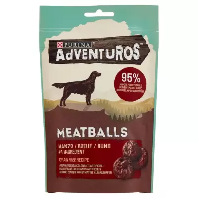 Purina Adventuros Meatballs Carne de Vita, Pui si Porc 70 g Bax 7 buc.