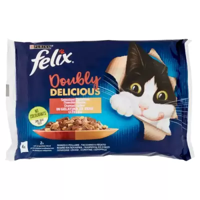Felix Doubly Delicious Delicious Selections in Gelatina (Vita/Pasare & Curcan/Ficat) 4 x 85 g Bax 12 buc.
