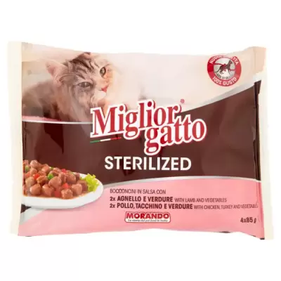 Miglior Gatto Sterilizat in Sos cu Miel si Legume - Pui, Curcan si Legume 4 x 85g Bax 12 buc.